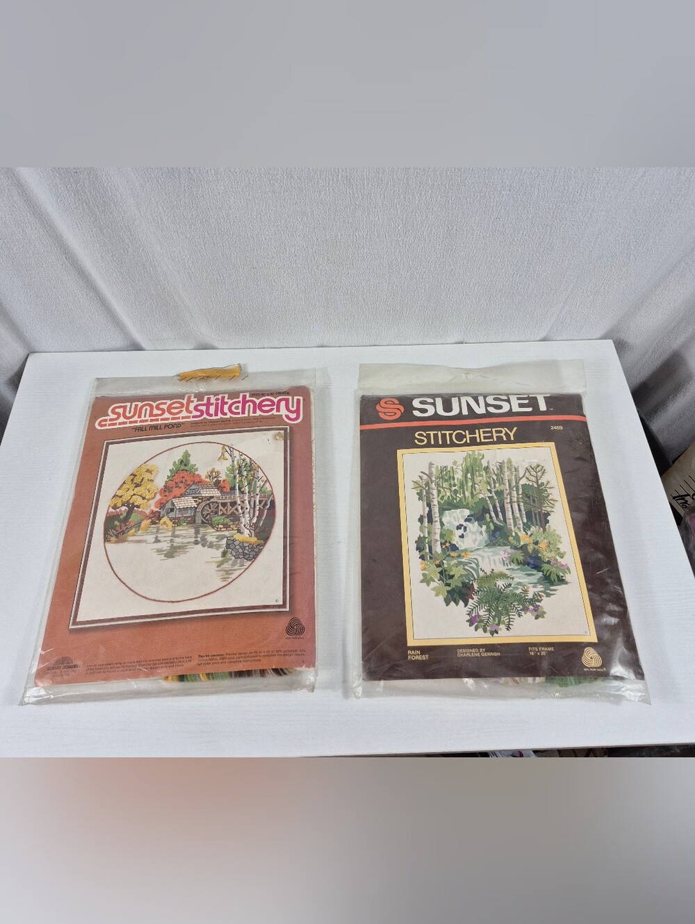 Vintage Sunset Stitchery Needlepoint Kits Lot of 2 – Fall Mill Pond & Rain Fores